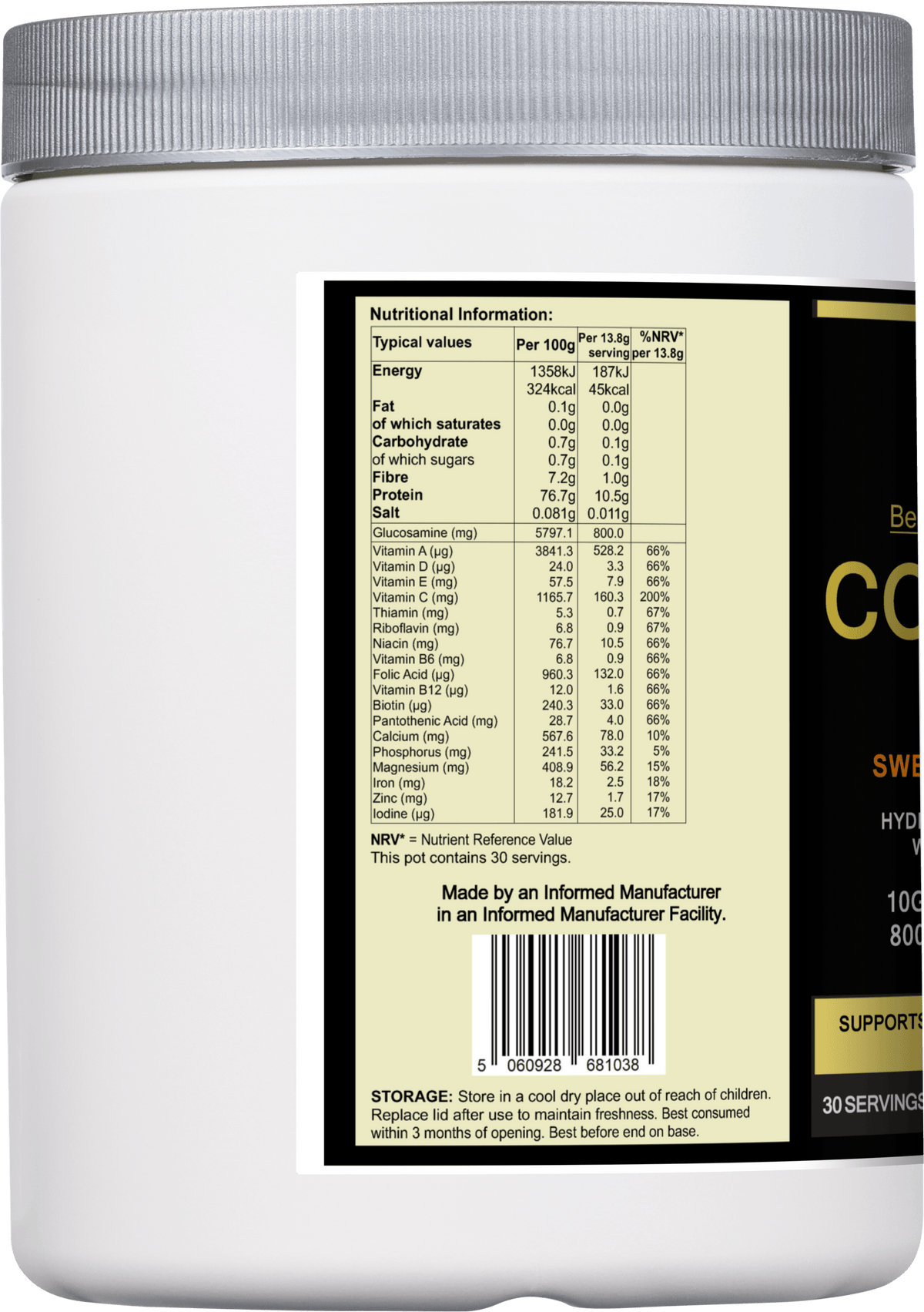 Nutritional information label on a container of premium collagen vitality powder supplement.