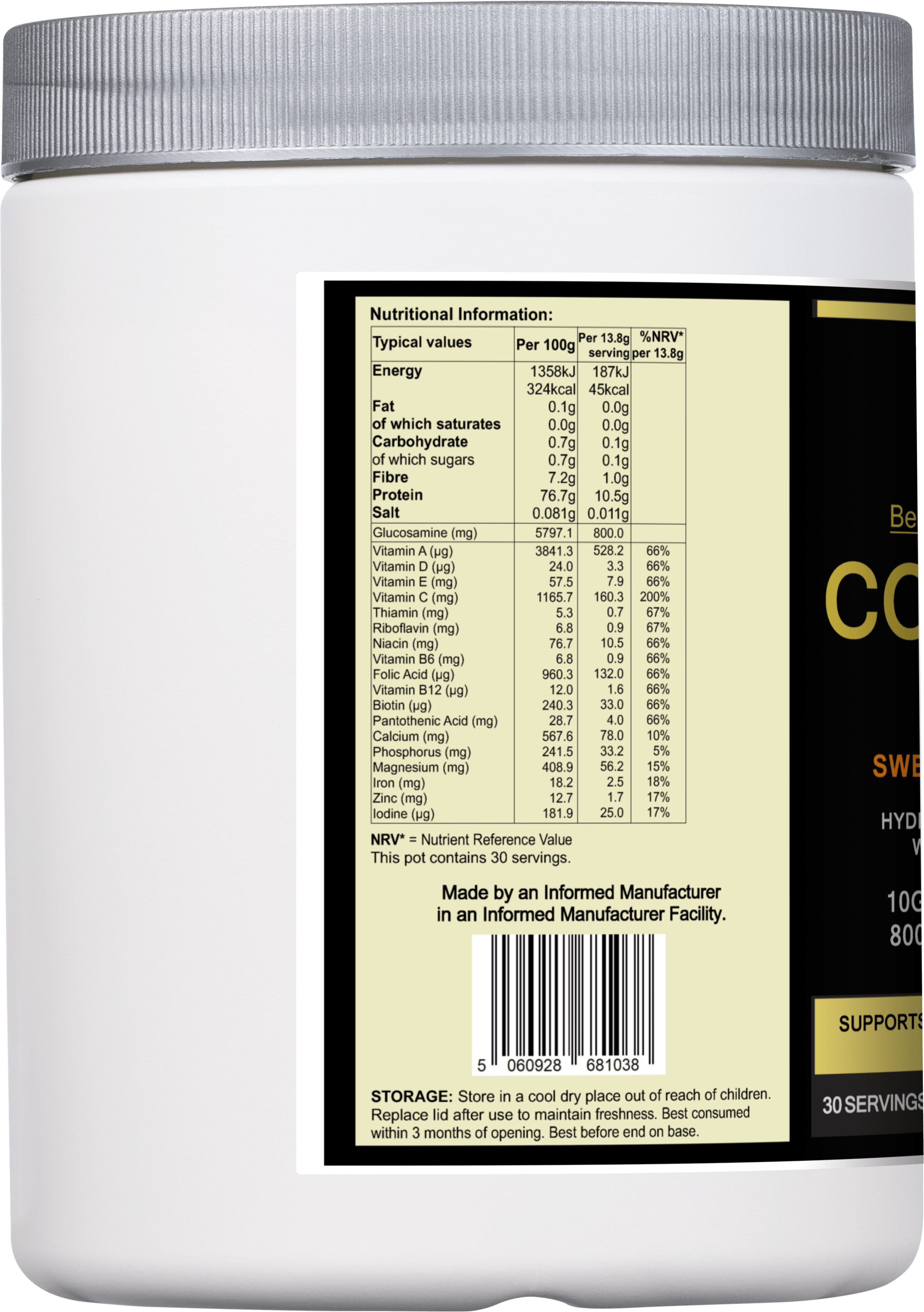 Nutritional information label on a container of premium collagen vitality powder supplement.
