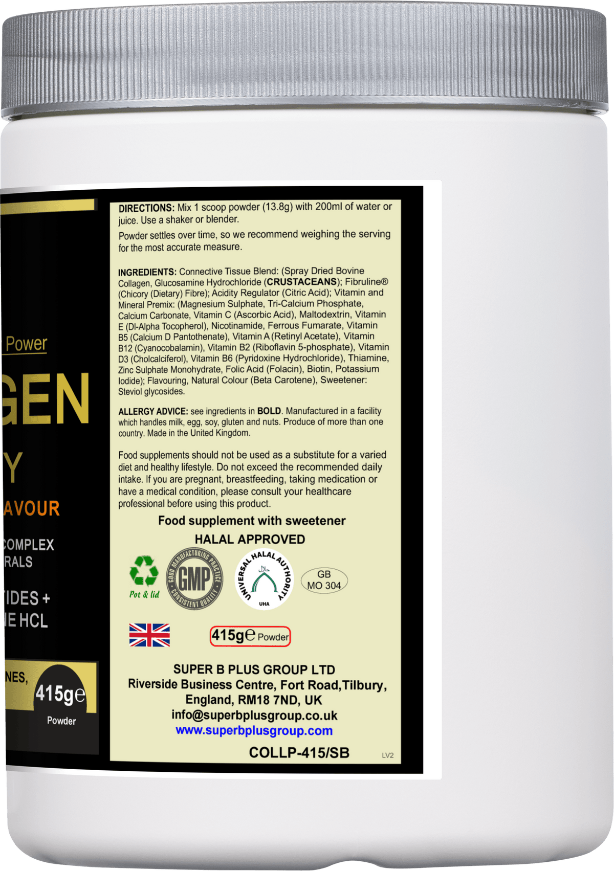 Collagen Vitality product label showing premium collagen vitality powder ingredients and directions for use.