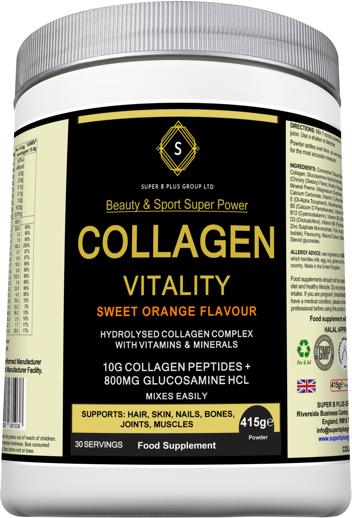 premium collagen vitality powder in sweet orange flavor for wellness, supports skin, hair, nails, joints.