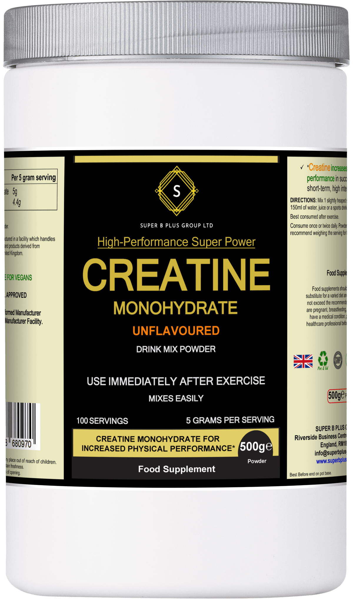 Creatine Monohydrate supplement in a white container, promoting muscle growth and physical performance.