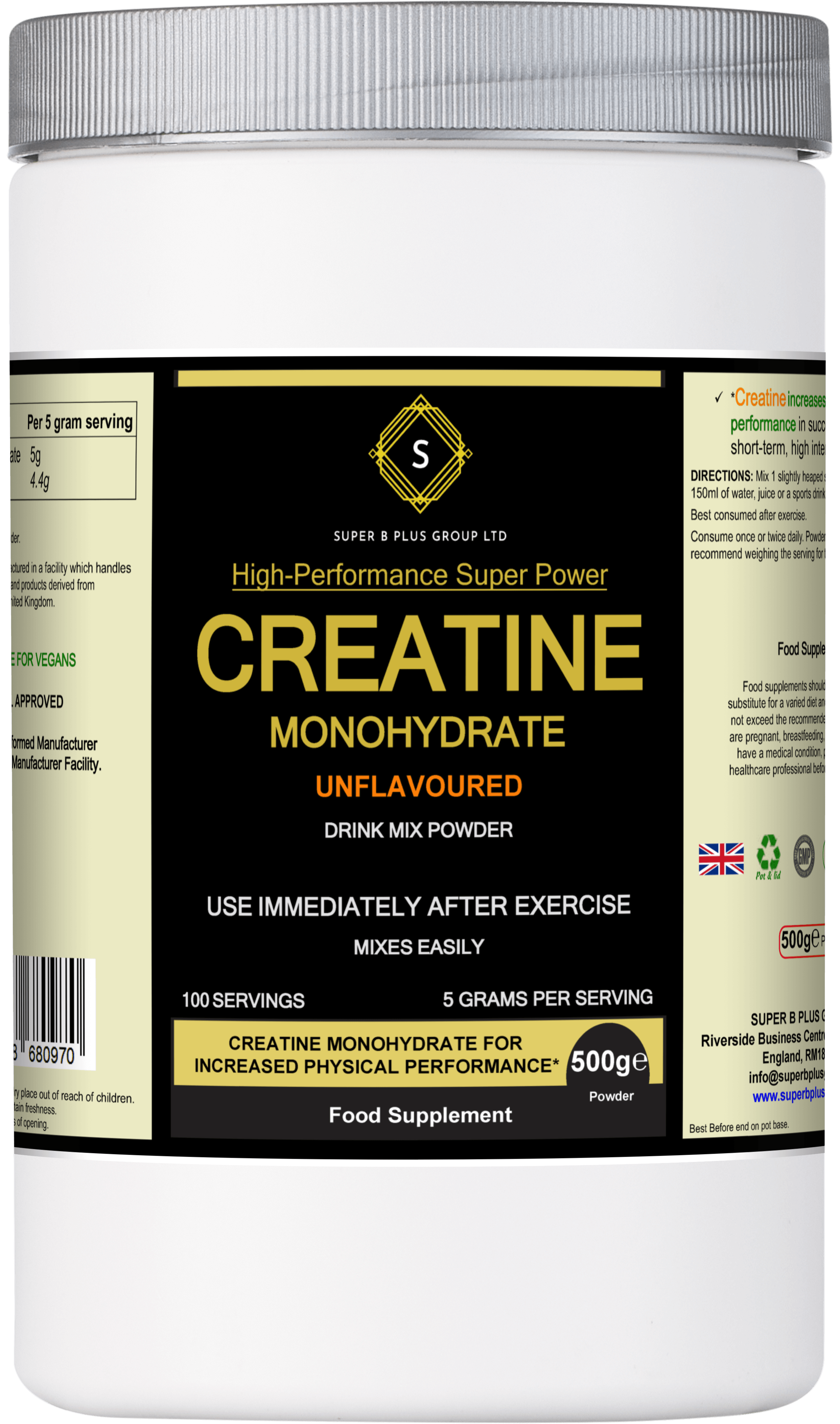 Creatine Monohydrate supplement in a white container, promoting muscle growth and physical performance.