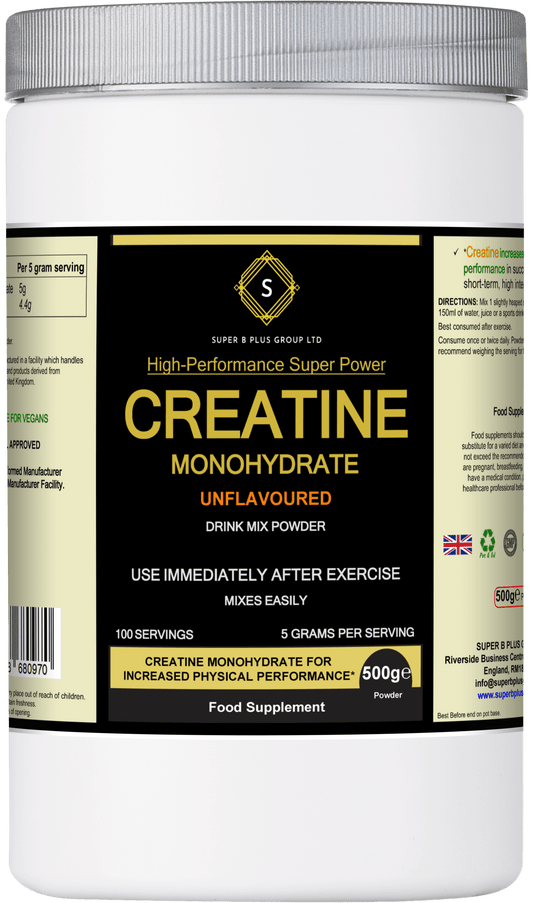 Creatine Monohydrate supplement in a white container, unflavoured powder for improved physical performance.