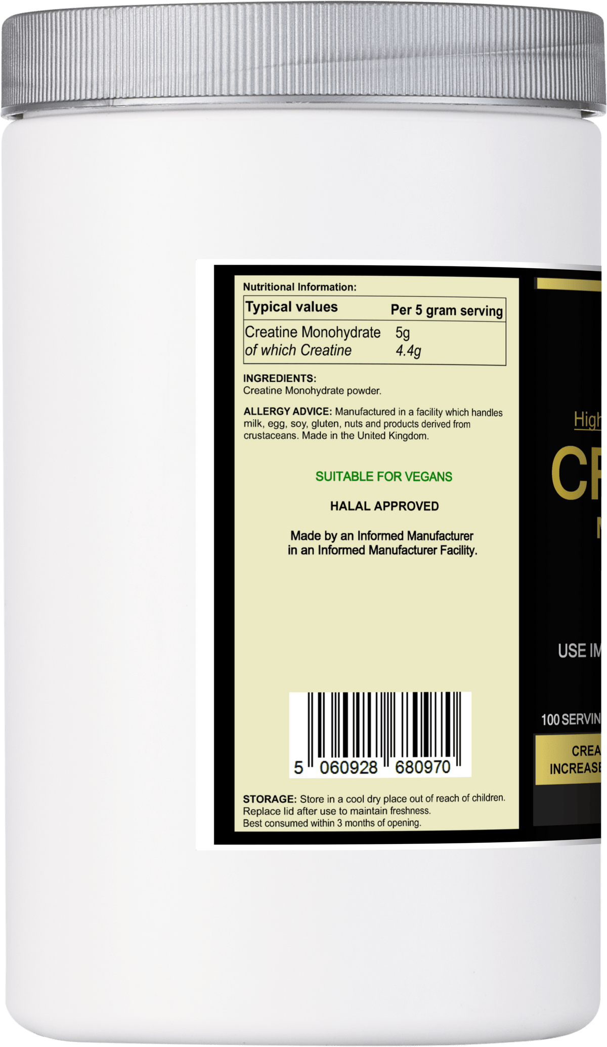 Creatine Monohydrate supplement in a white jar with nutritional information label.