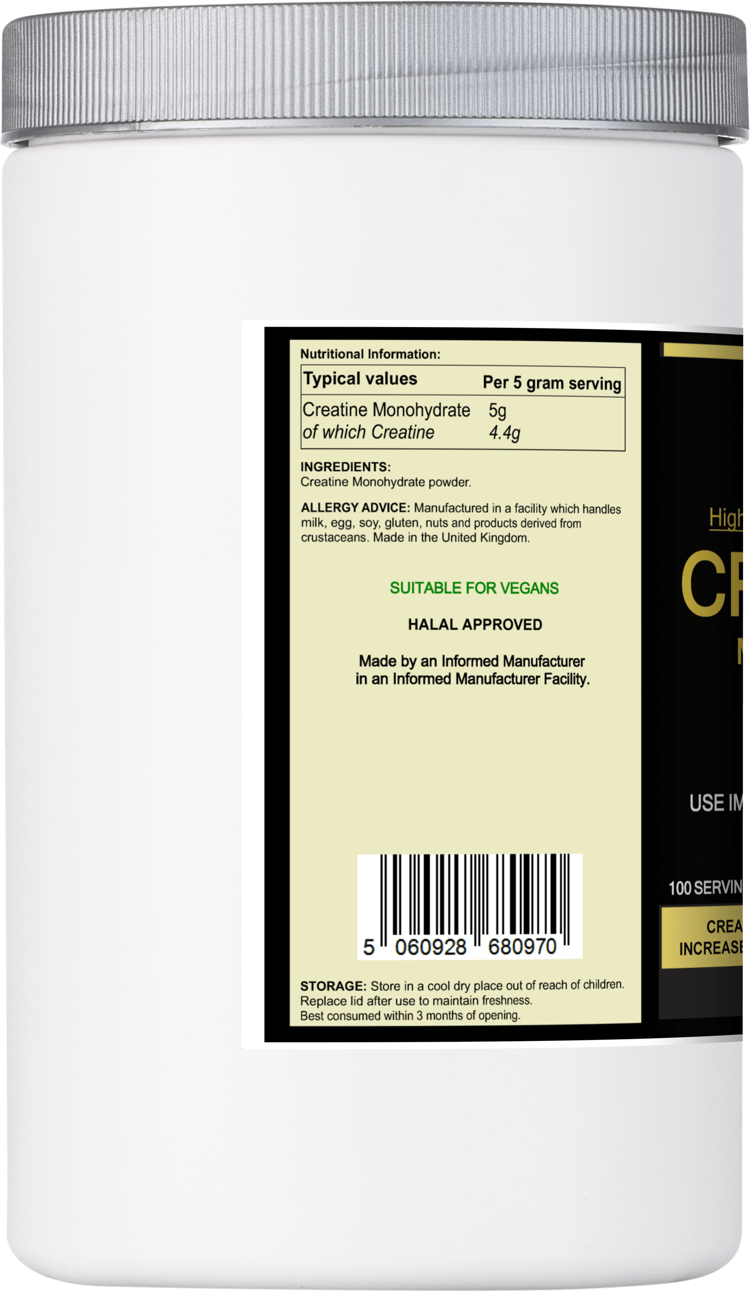 Creatine Monohydrate supplement in a white jar with nutritional information label.