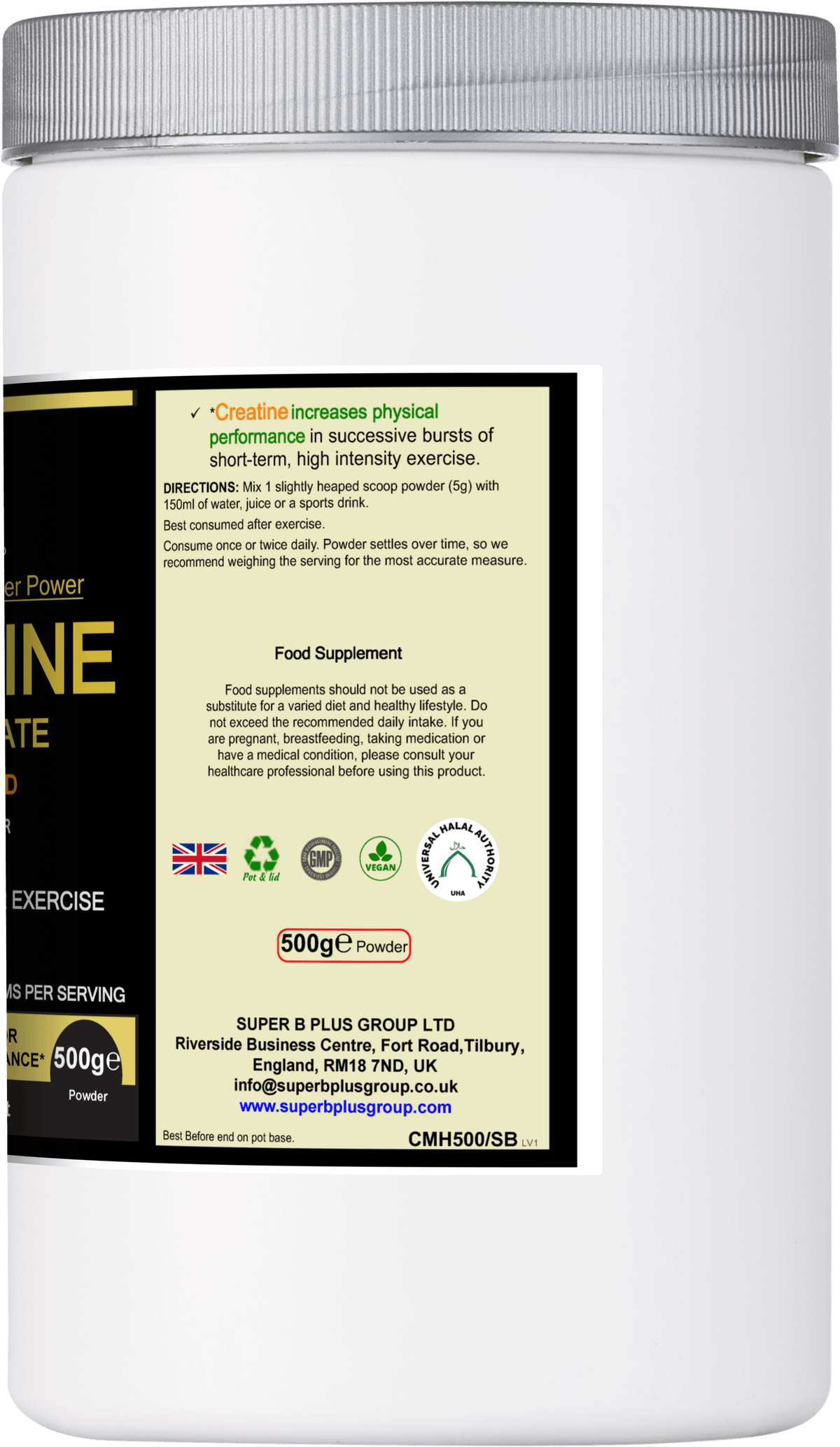 Creatine Monohydrate supplement container with dosage instructions and nutritional information label.