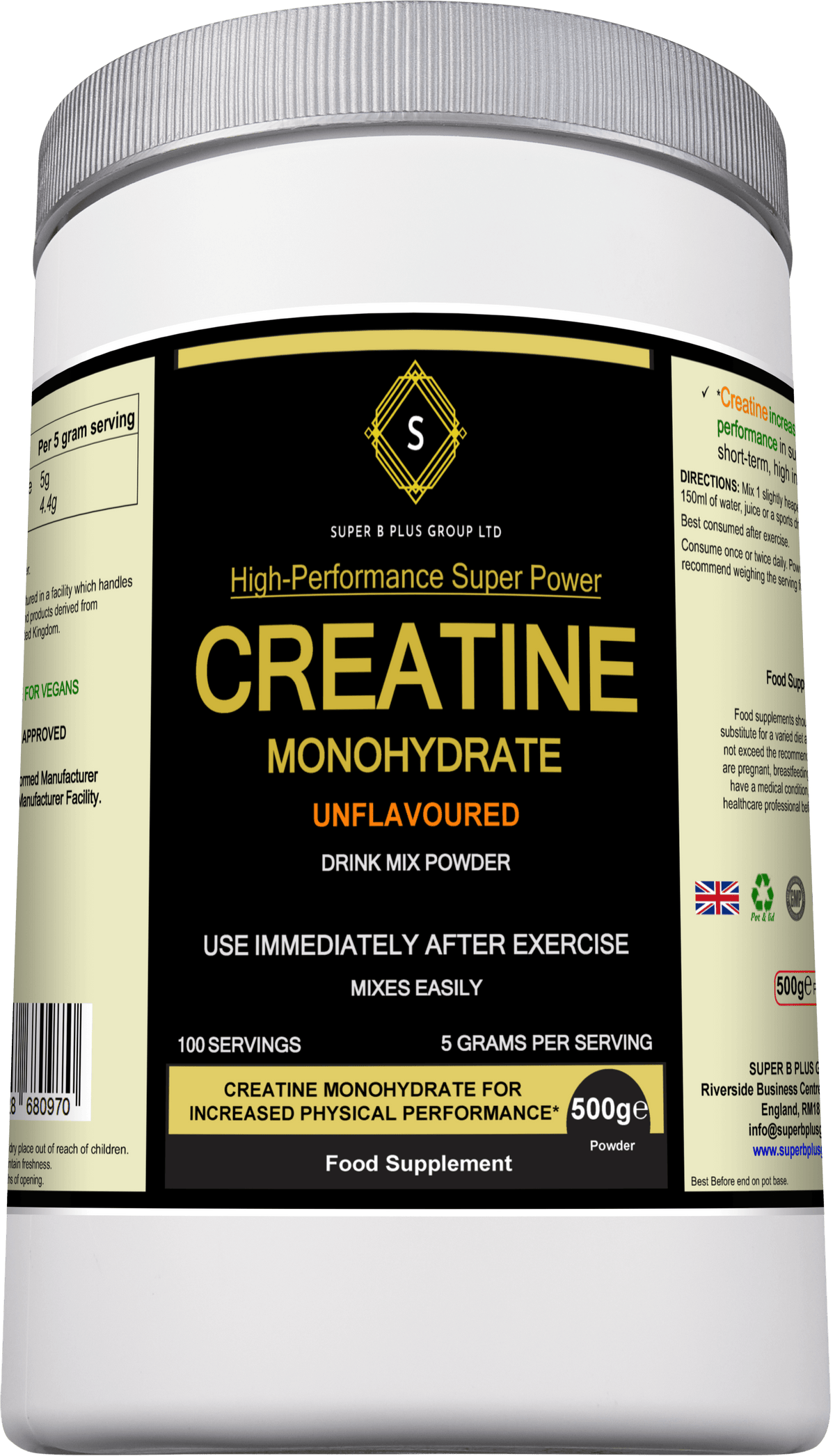 Creatine Monohydrate supplement in a container, unflavoured drink mix powder for enhanced physical performance.