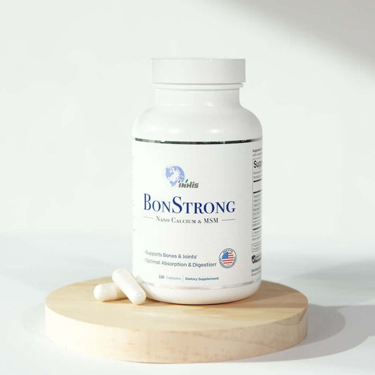 BonStrong Nano Calcium supplement bottle on wooden surface, promoting active lifestyle calcium supplement for bone health.
