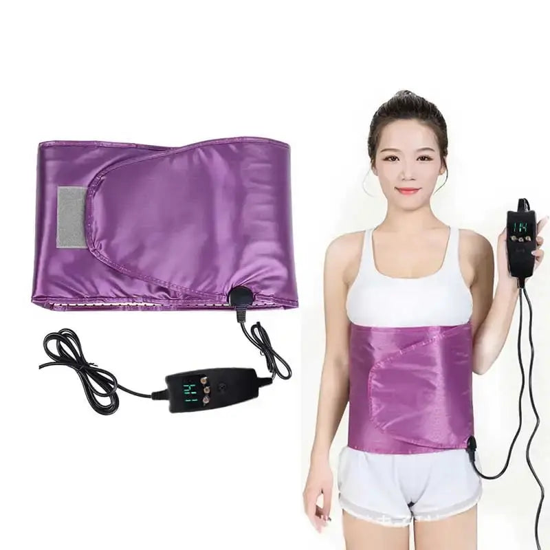 Electric sauna heating belt in pink for far infrared sauna belt therapy, shown with a model holding the remote control.