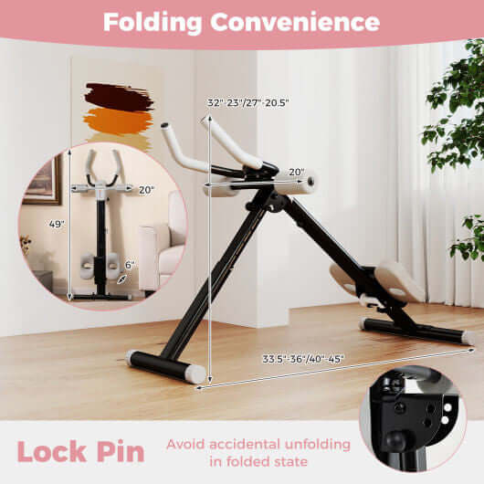 Adjustable ab workout machine showcasing folding convenience dimensions and lock pin feature for safety.