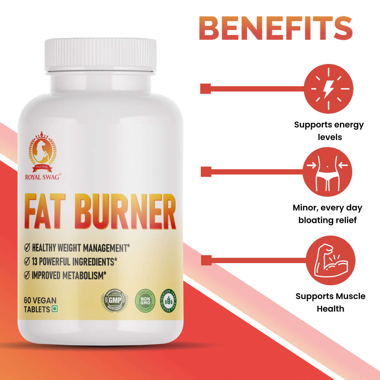 Fat Burner weight loss supplement featuring benefits like energy support and bloating relief - 60 pcs pack.
