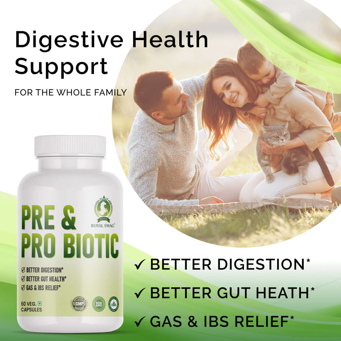 Probiotic prebiotic supplement tablets for digestive health support, featuring a family enjoying time together outdoors.