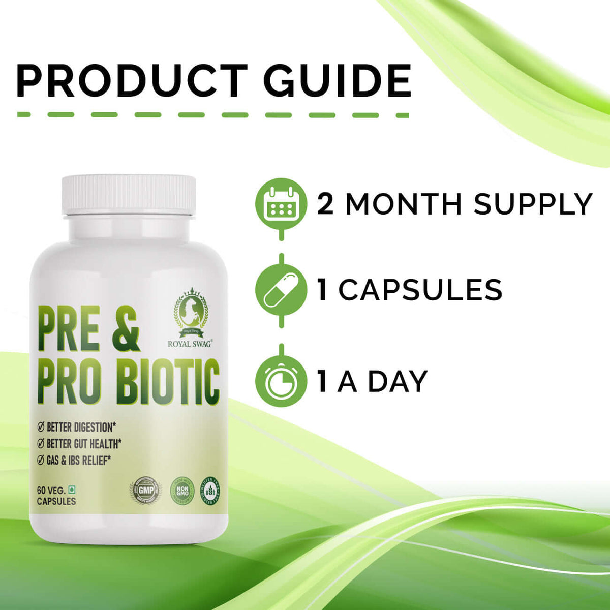 Probiotic prebiotic supplement tablets in a bottle with labeled benefits and usage instructions.
