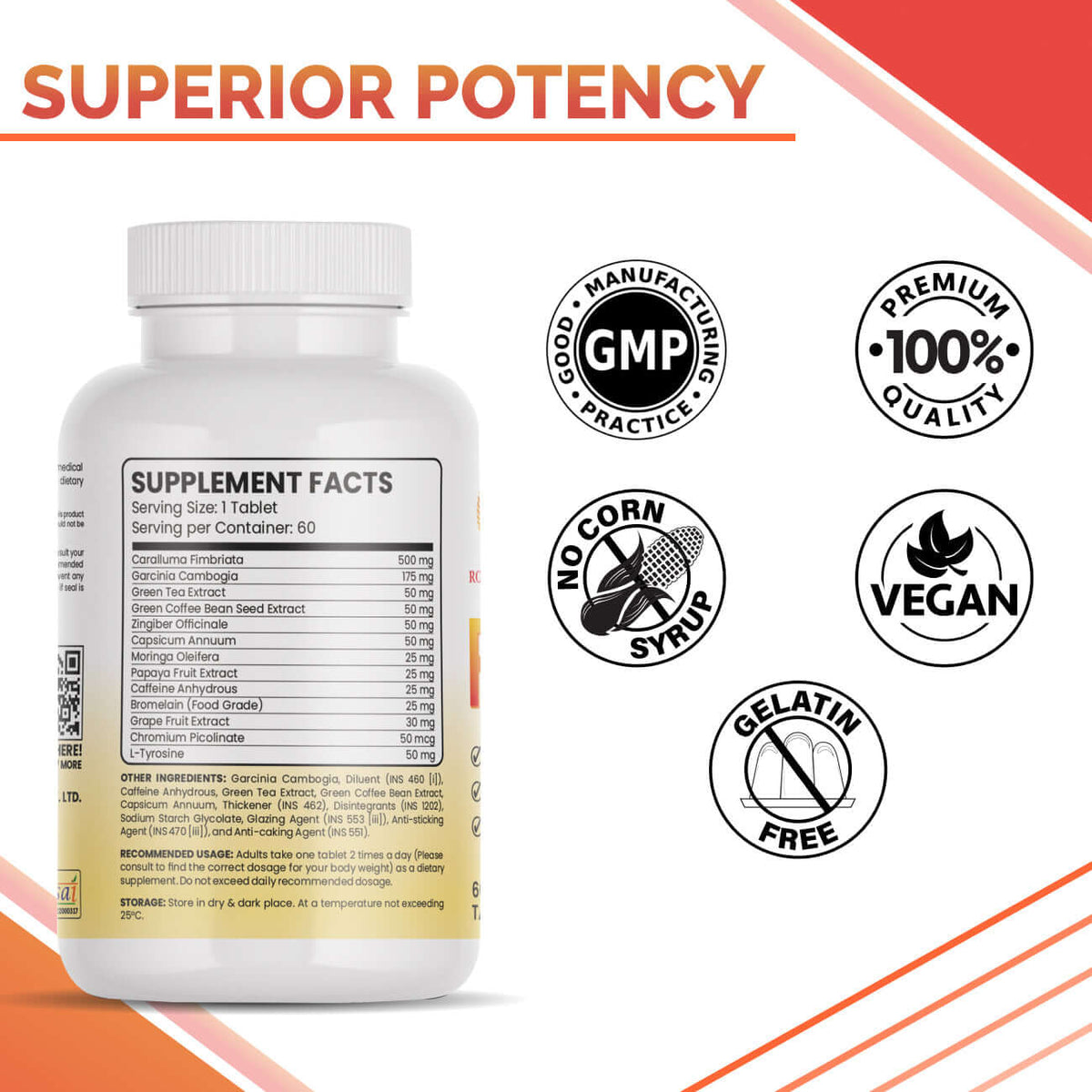 Fat Burner Weight Loss Supplement Tablet 60 Pcs Pack with supplement facts and vegan, gelatin-free icons.