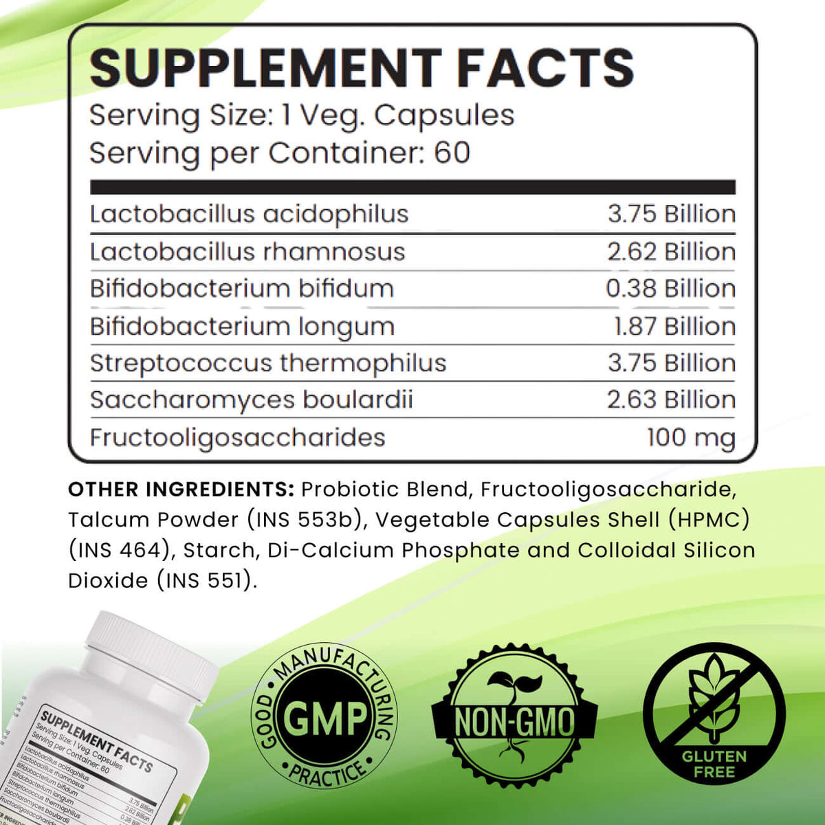Supplement facts for probiotic prebiotic supplement tablets showing ingredients and serving information.