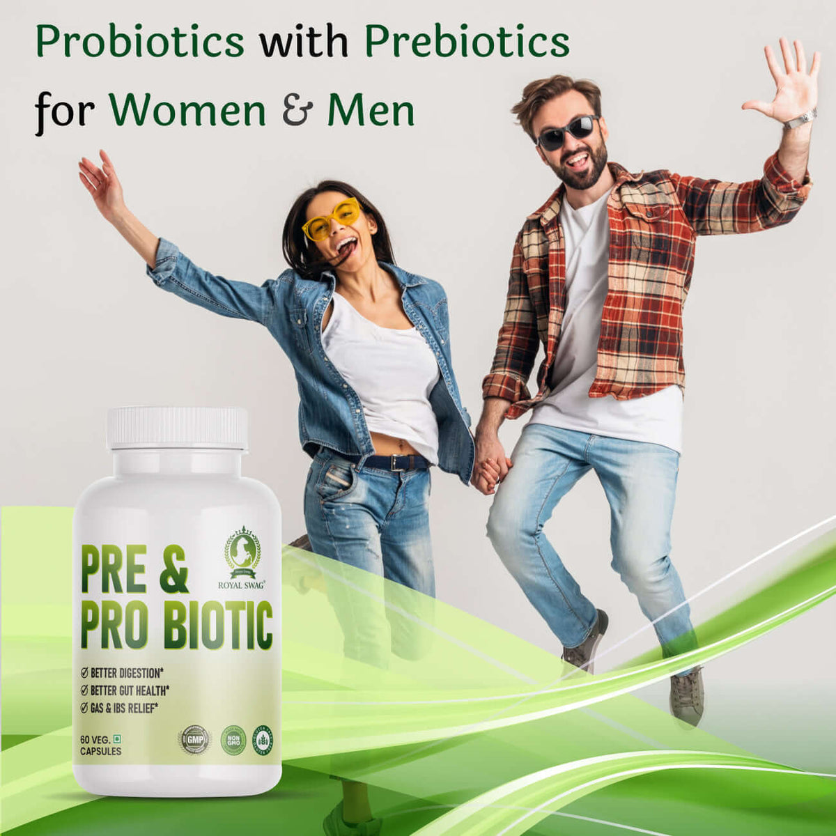 Probiotic prebiotic supplement tablets for active lifestyle, featuring a pack of 60 capsules for better digestion and health.