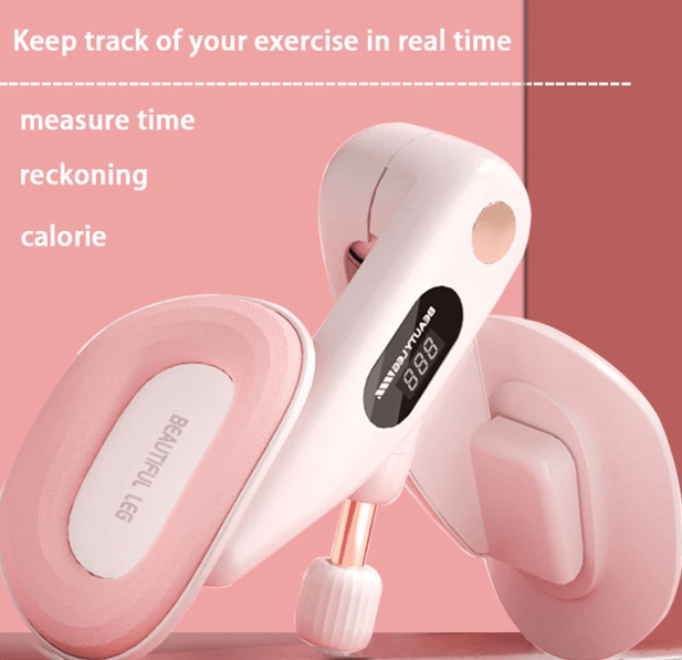 Adjustable kegel trainer for home gym with display measuring time, calories, and exercise progress.