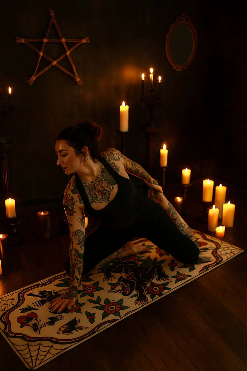 Practicing yoga on a stylish black cat yoga mat surrounded by candles for a tranquil atmosphere.
