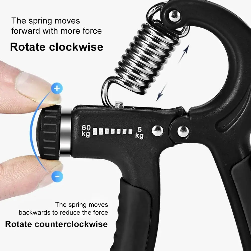 Adjustable grip strengthener showing adjustment dial for customizing resistance from 5-60KG, ideal for hand exercises.