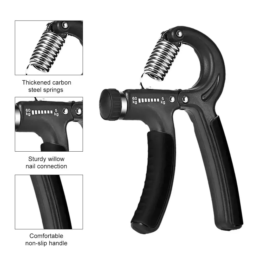 Adjustable grip strengthener showcasing thickened carbon steel springs and ergonomic non-slip handle for effective workouts.