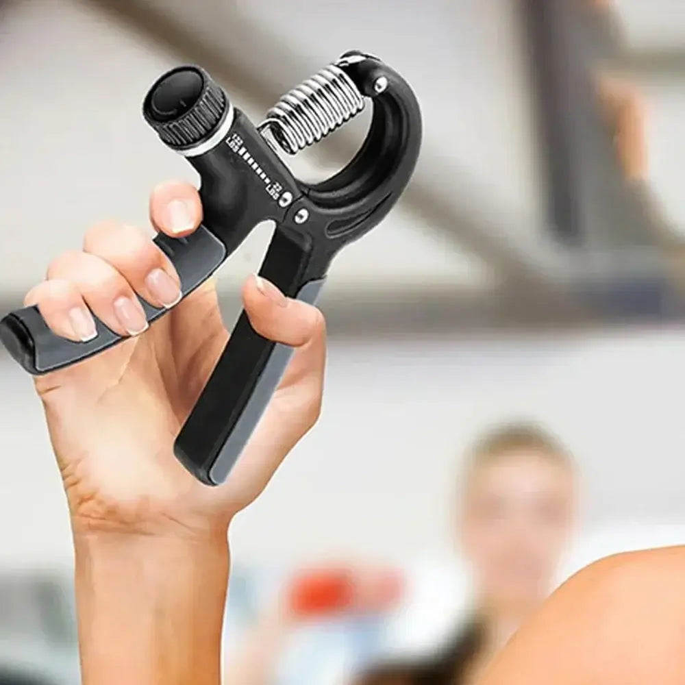 Adjustable grip strengthener hand exerciser in use for improving grip strength and fitness training.