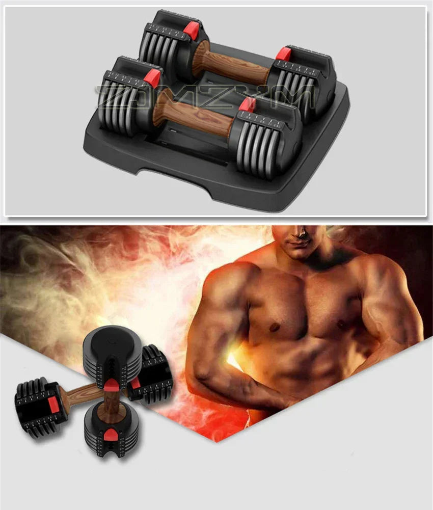 Adjustable dumbbell set for home fitness on a workout mat with a muscular model.