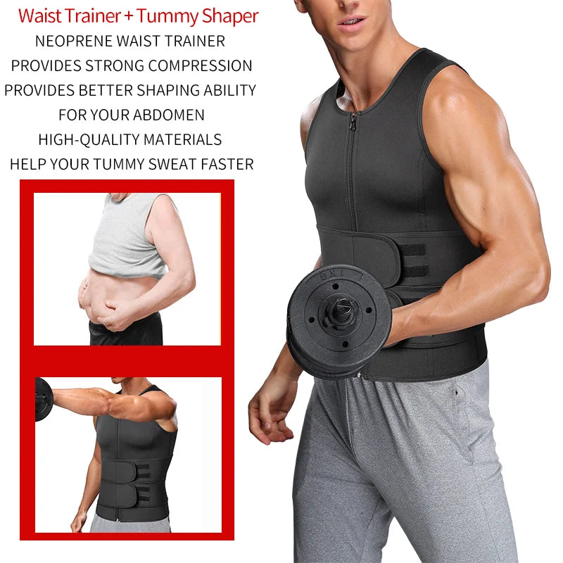 Men wearing waist trainer sauna vest for tummy shaping and enhanced sweat during workouts, featuring compression and quality materials.