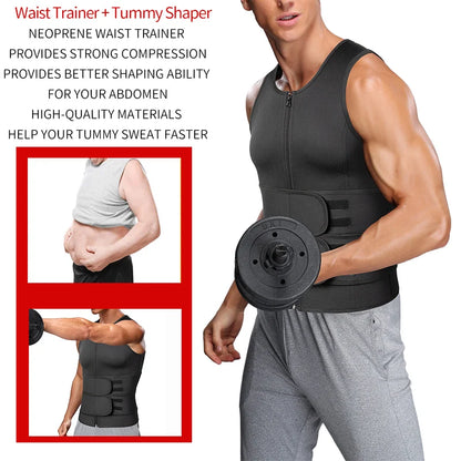 Men wearing waist trainer sauna vest for tummy shaping and enhanced sweat during workouts, featuring compression and quality materials.