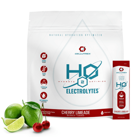 H2O ELECTROLYTES™ Cherry Limeade electrolyte powder packaging with cherries and limes for hydration optimization.