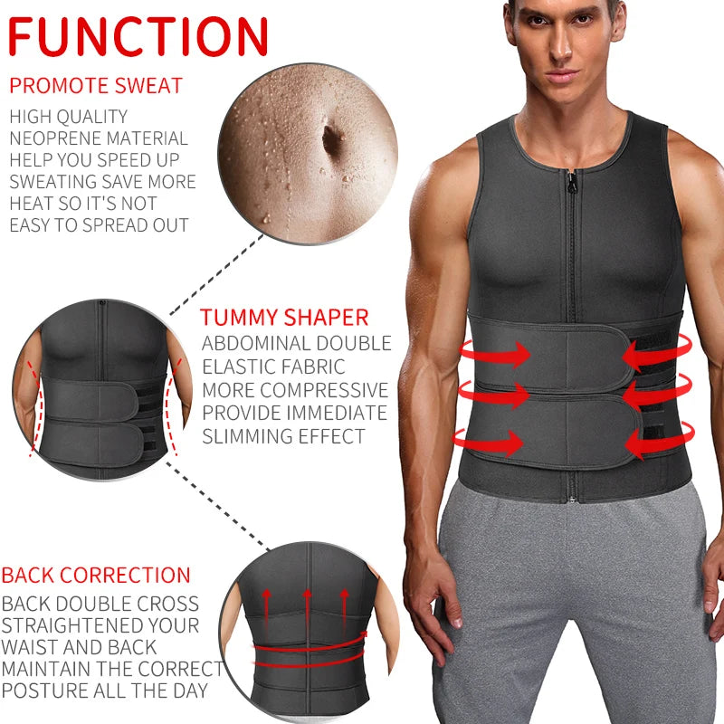 Men Waist Trainer Sauna Vest Fitness Corset promoting sweat and providing tummy shaping and back correction features.