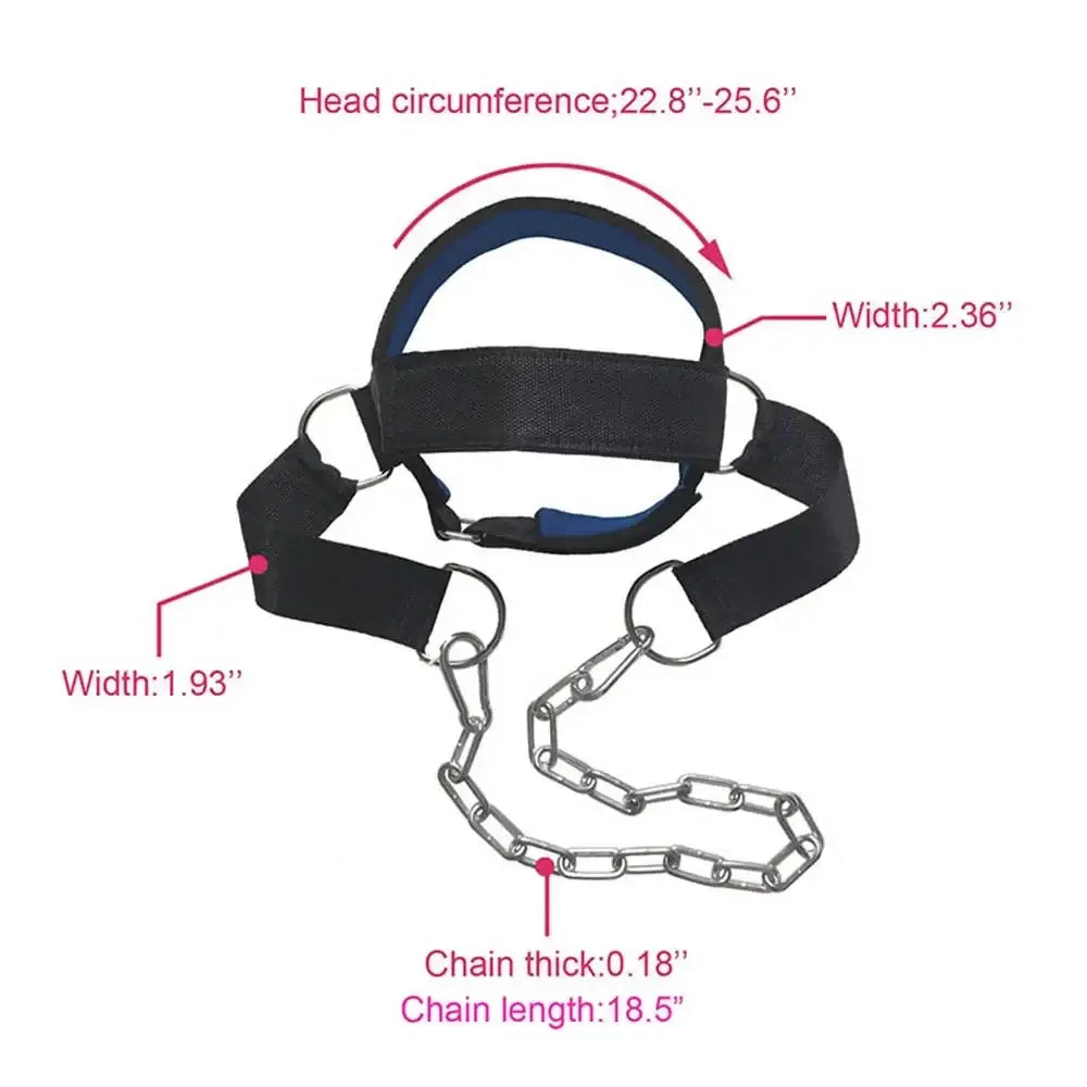 Adjustable head and neck training harness with dimensions for optimal gym fitness workouts.