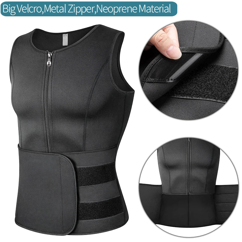 Men Waist Trainer Sauna Vest in black with big Velcro, metal zipper, and neoprene material for optimal fat burning.