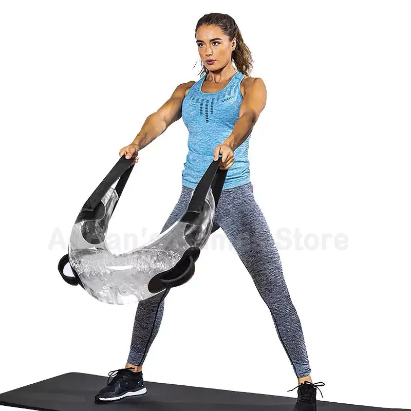 Woman performing exercises with Core Training Aqua Bag for home fitness weightlifting on a training mat.