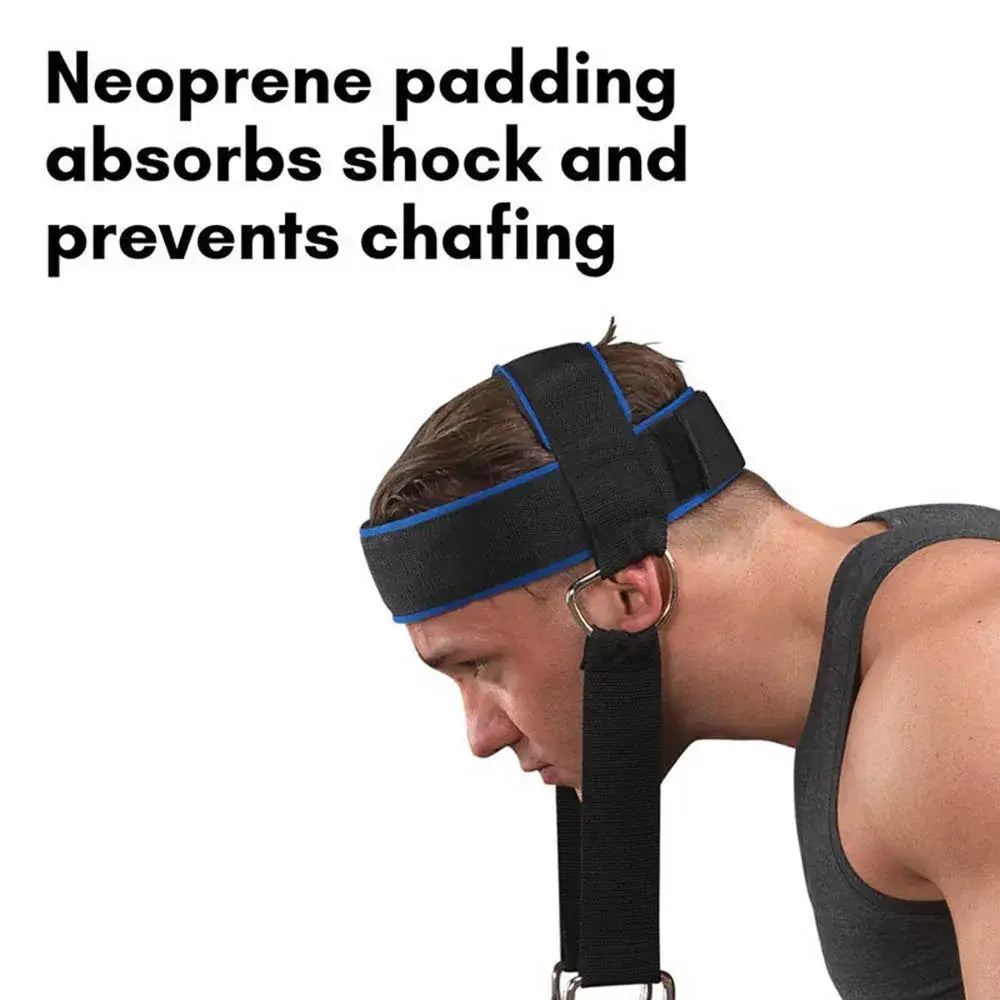 Man using adjustable head and neck training harness with neoprene padding for shock absorption and comfort.