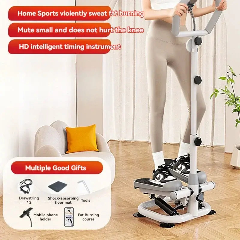 Silent Handrail Stepper For Home Fitness in use, showcasing features like shock-absorbing and mobile phone holder.