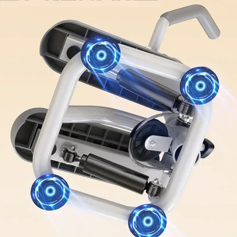 Silent Handrail Stepper For Home Fitness with blue wheels and ergonomic handle for a smooth workout experience.