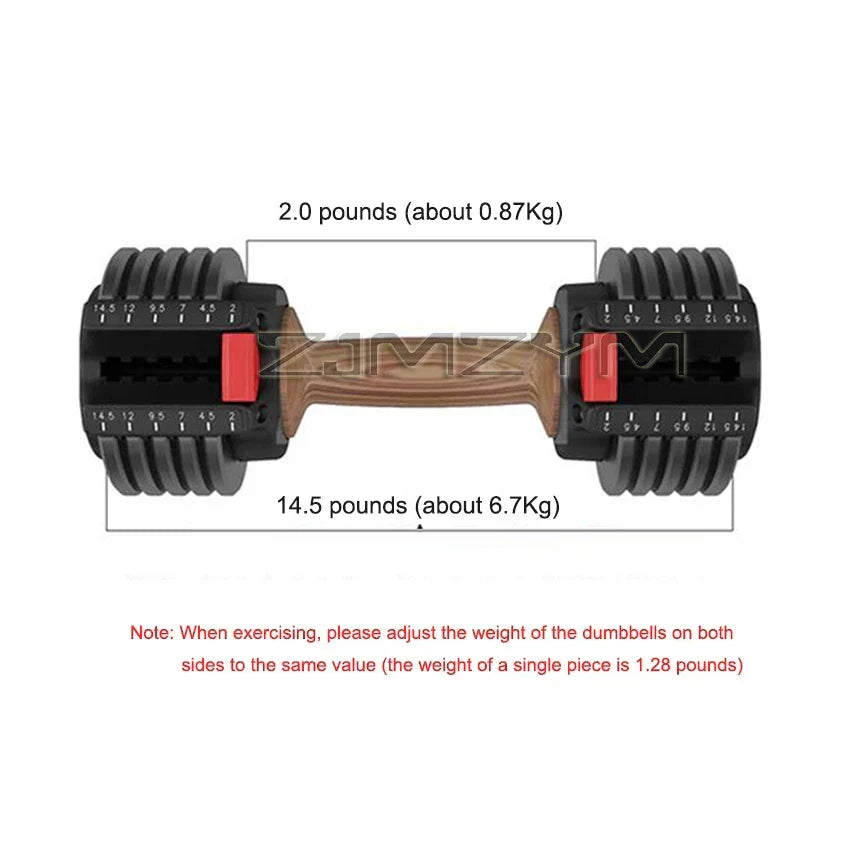 Adjustable Dumbbell Set for Home Fitness Equipment showing weight increments of 2.0 and 14.5 pounds for varied training.