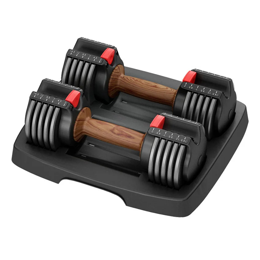Adjustable dumbbell set for home fitness equipment on a sleek stand, ideal for versatile weight training.
