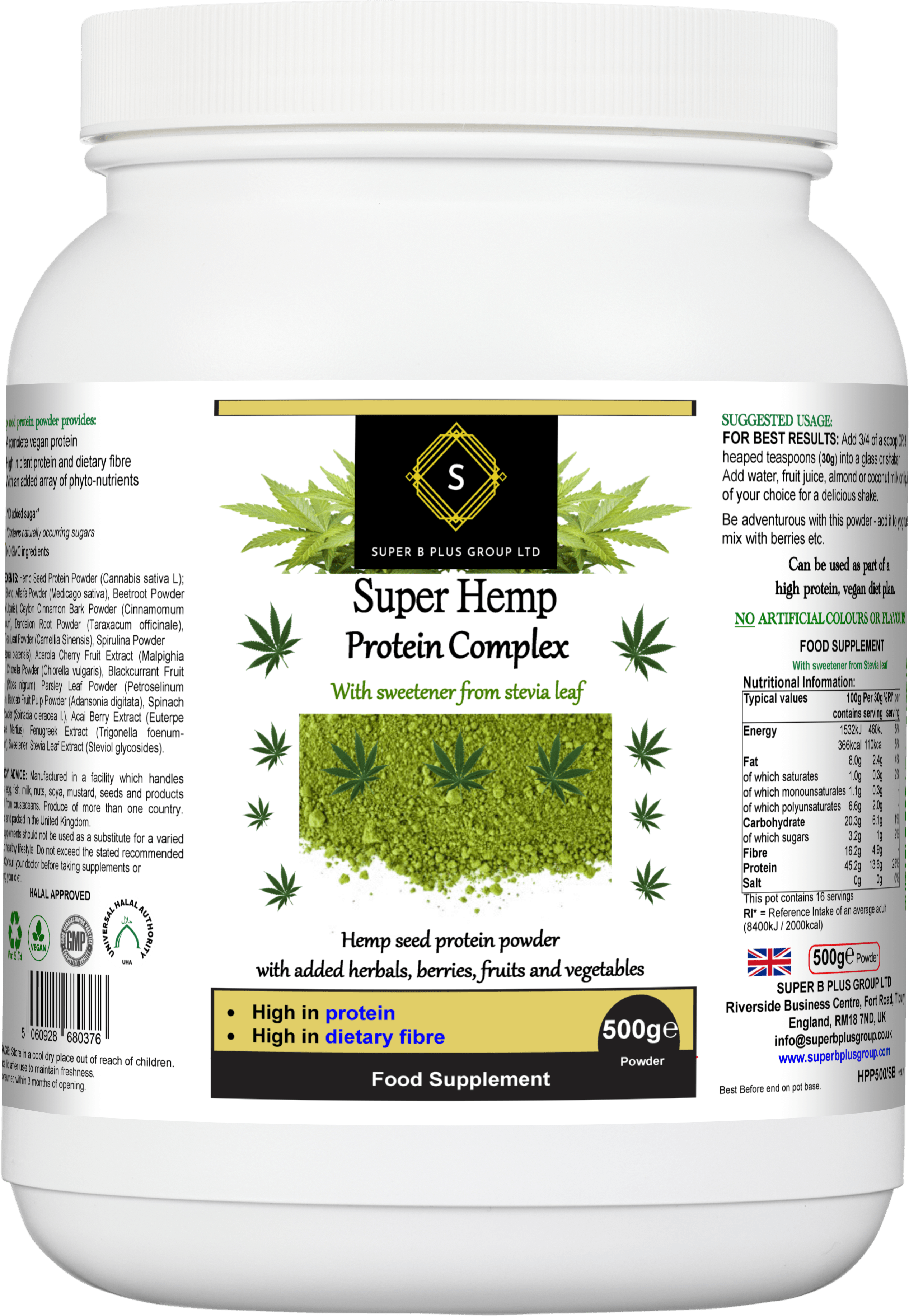 Super Hemp Protein Complex product jar, a hemp protein powder supplement high in protein and dietary fiber.