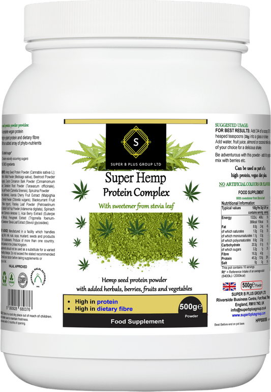 Super Hemp Protein Complex product jar, a hemp protein powder supplement high in protein and dietary fiber.