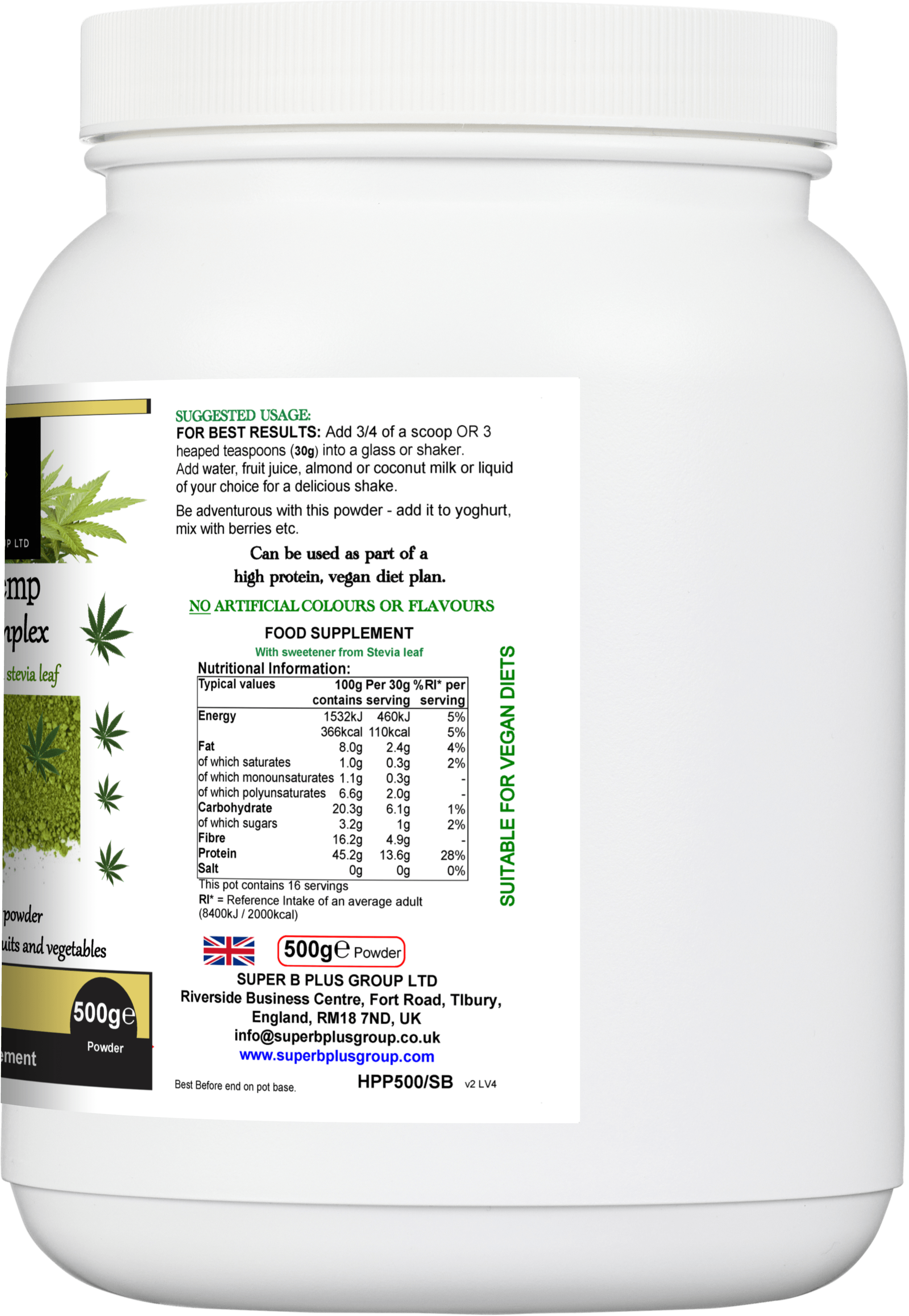 Super Hemp Protein Complex powder supplement packaging with nutritional info and usage directions, hemp protein powder supplement.