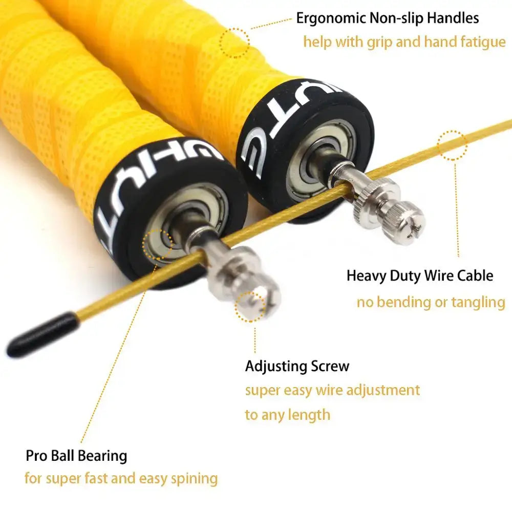Pro Crossfit jump rope showcasing ergonomic handles, heavy duty cable, and pro ball bearings for weighted crossfit jump rope training.