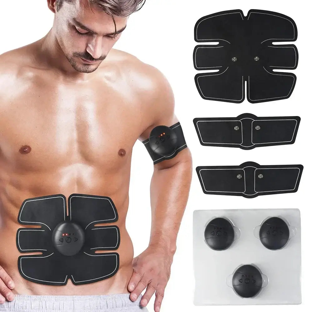 Wireless abdominal muscle stimulator with pads on a man's torso for effective muscle workouts.