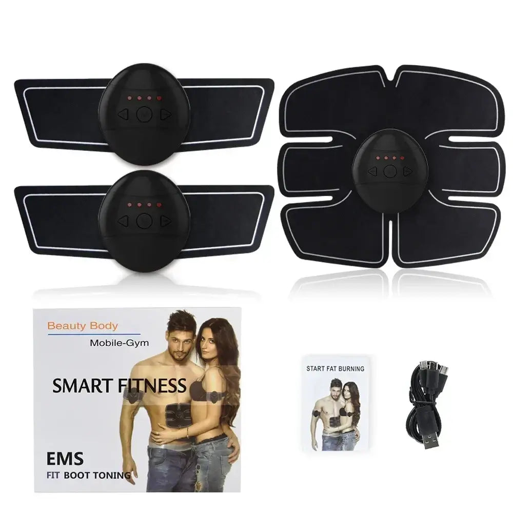 Wireless Ems Abdominal Muscle Stimulator with pads and accessories for home workouts and fitness routines.