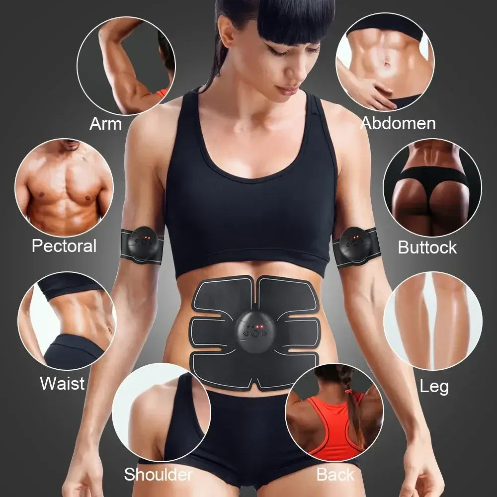 Wireless Ems Abdominal Muscle Stimulator showing application areas like arm, abdominal, pectoral, and leg in a fitness setting.