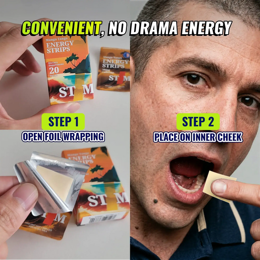 STIM energy strips 20 pack packaging and usage instructions for convenient energy boosts.