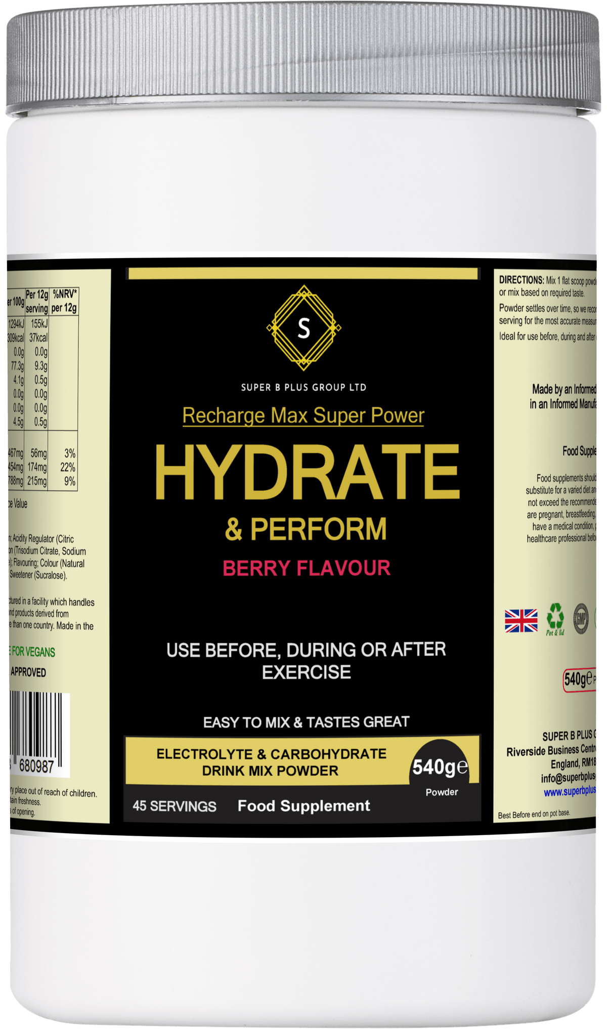 Hydrate & Perform berry flavor drink mix powder for active lifestyle hydration supplement.