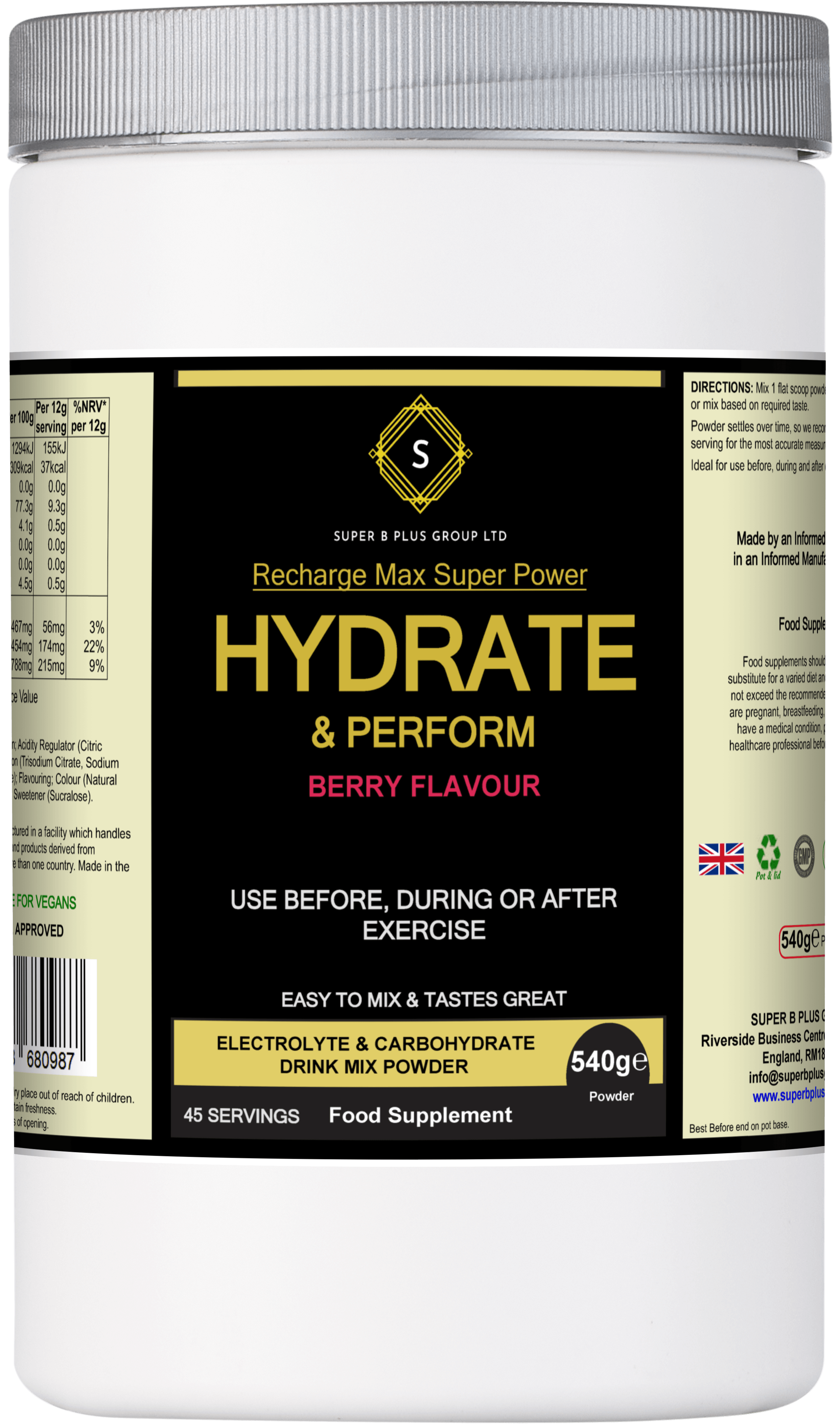 Hydrate & Perform berry flavor drink mix powder for active lifestyle hydration supplement.