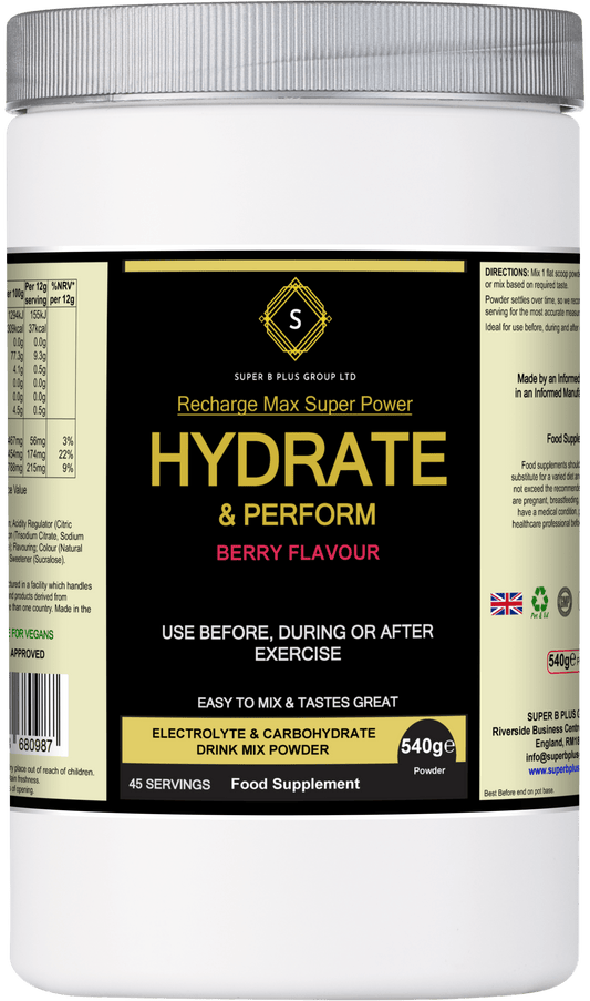 Hydrate & Perform berry flavor drink mix powder for active lifestyle hydration supplement.
