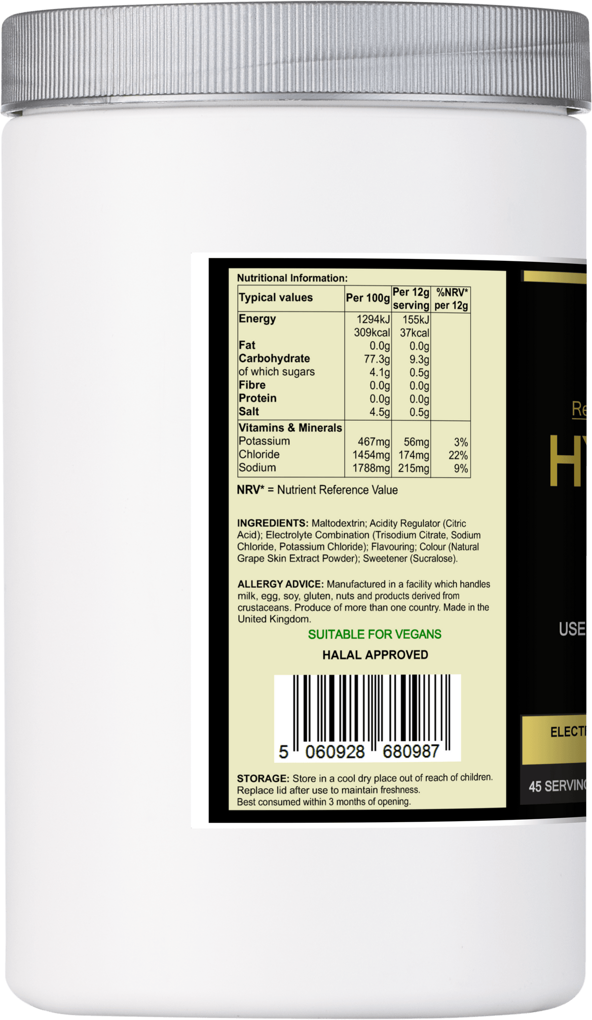 Hydrate & Perform active lifestyle hydration supplement container with nutrition label and ingredients.